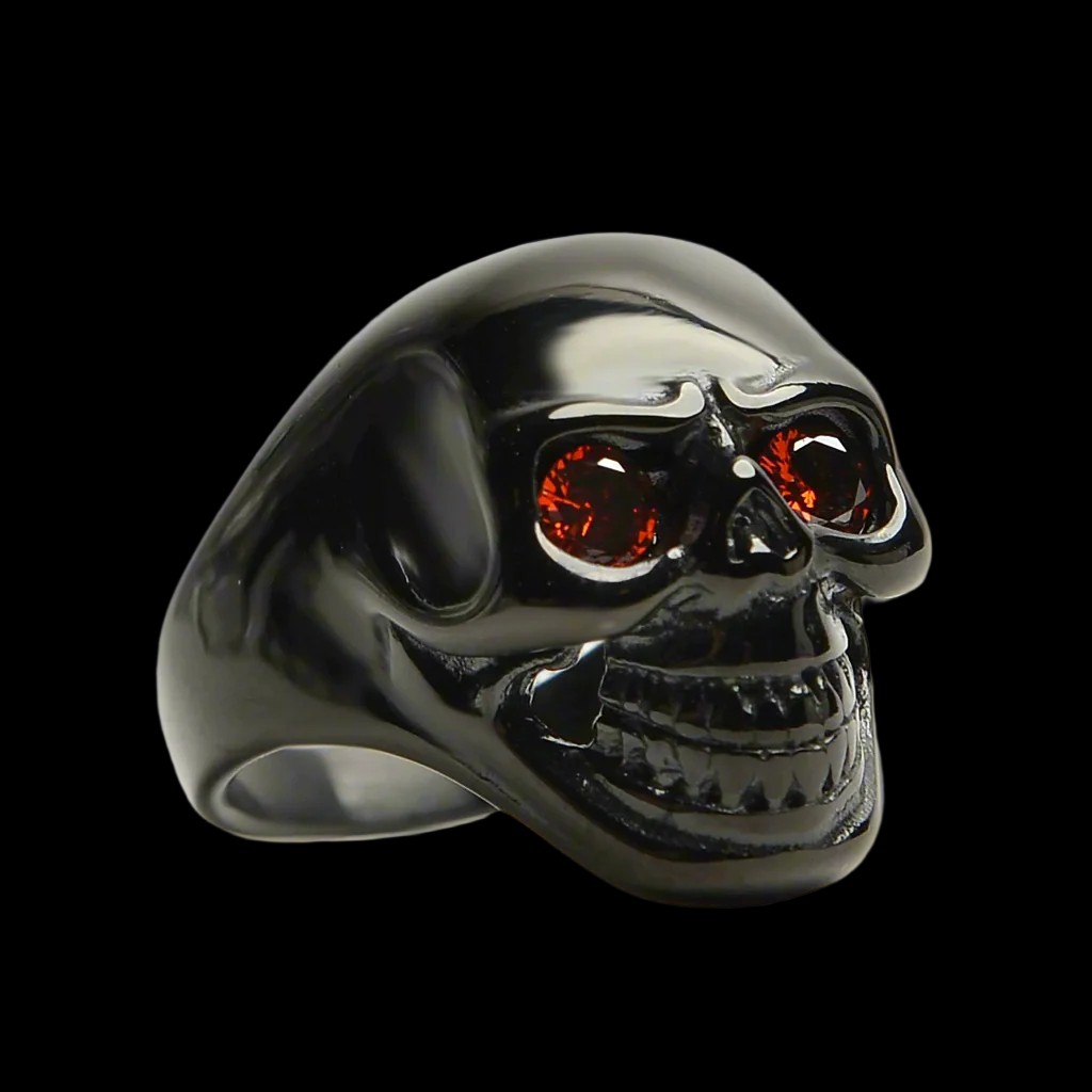 unisex biker style skull ring with red cubic zirconia chunky high quality made from stainless steel surgical grade titanium perfect for harley rider biker motorcycle enthusiast