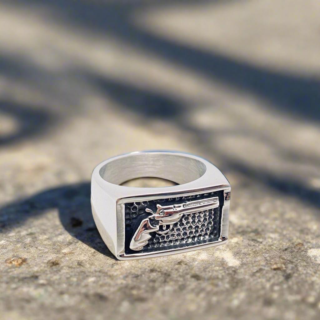 mens pistol ring gun ring biker ring biker lifestyle motorcycle club style gothic first amendment gun rights trump jewelry