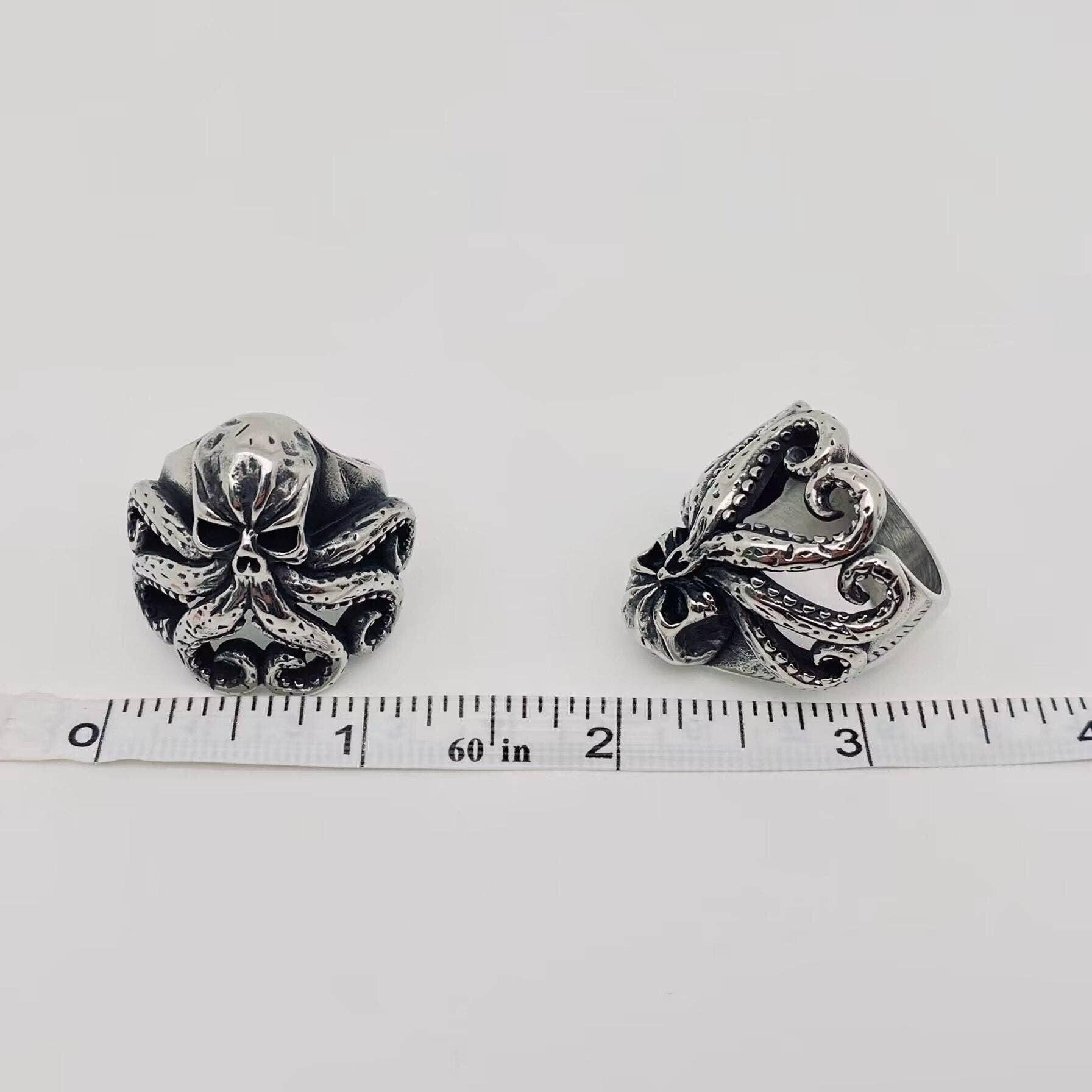 mens octopus kraken ring motorcycle biker moto enthusiast punk rocker vintage style rockabilly large durable heavy duty mens ring high quality gift for him for dad for bother for boyfriend for husband unique ring mens jewelry style for men band statement ring for men manly masculine ring jewelry for him fashion jewelry for men chunky rings for men sterling silver stainless steel titanium ring davy jones pirate ring johnny depp skull viking celtic barbarian style club style
