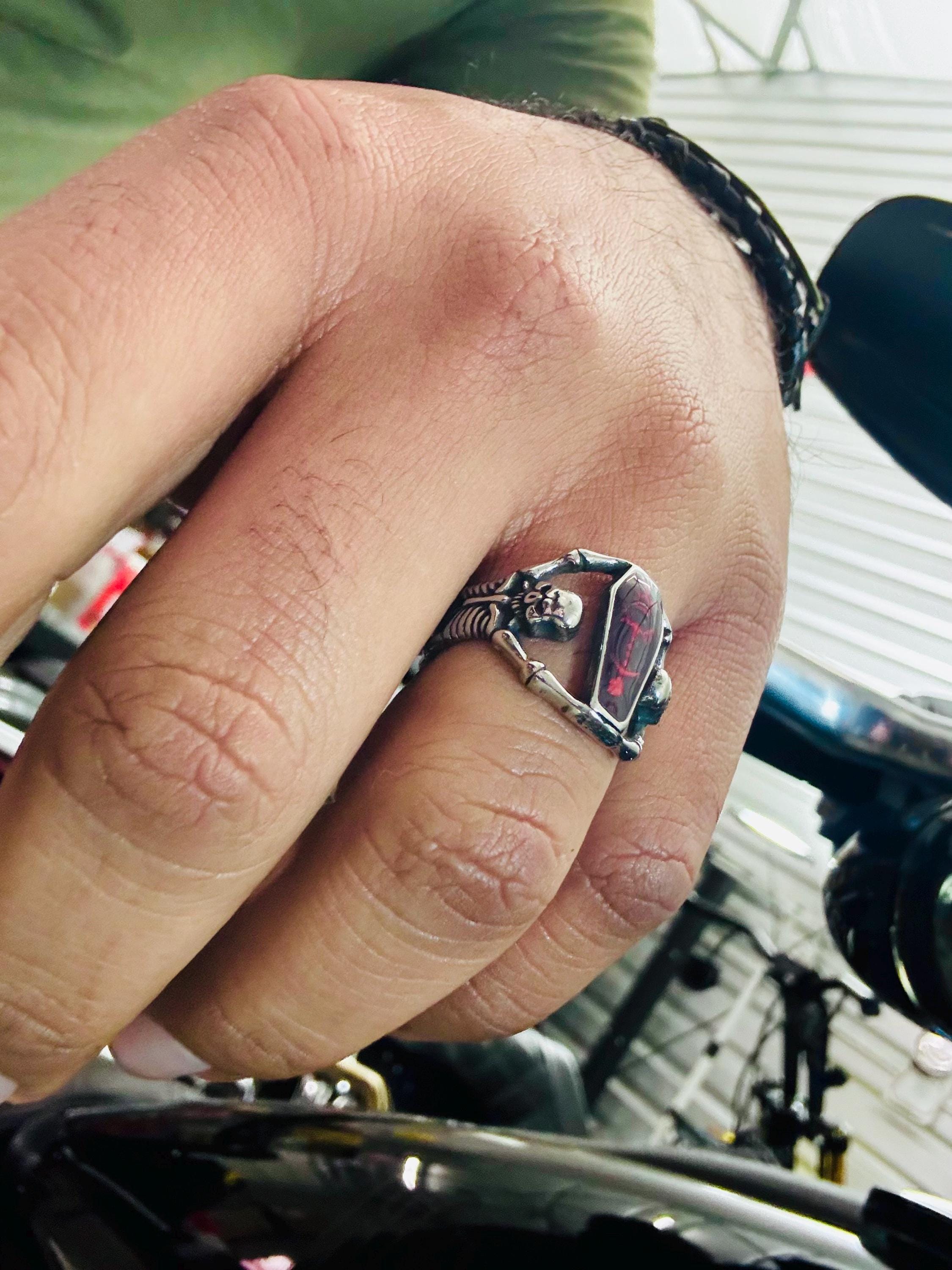 Bold Coffin Skeleton Stainless Steel Ring with Red Stone - Perfect for Bikers and Motorcycle Enthusiasts