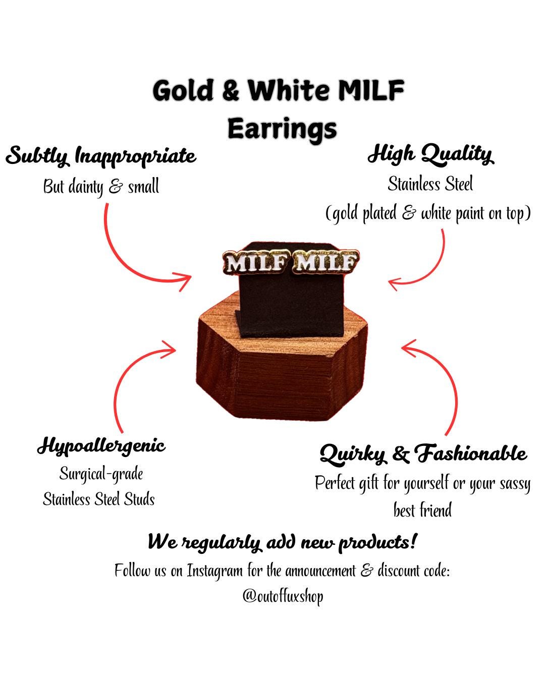MILF Gold and White Stainless Steel Stud Earrings for Her - Feminine Strong Statement Earrings - Inappropriate Funny Earrings Free Shipping