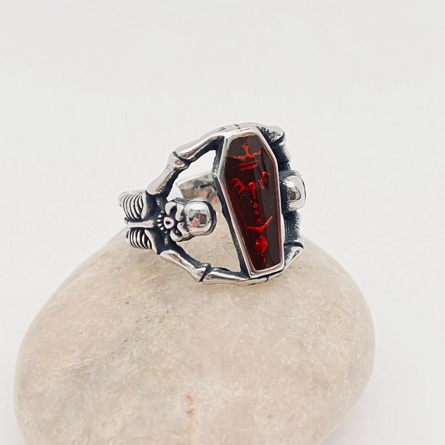Bold Coffin Skeleton Stainless Steel Ring with Red Stone - Perfect for Bikers and Motorcycle Enthusiasts