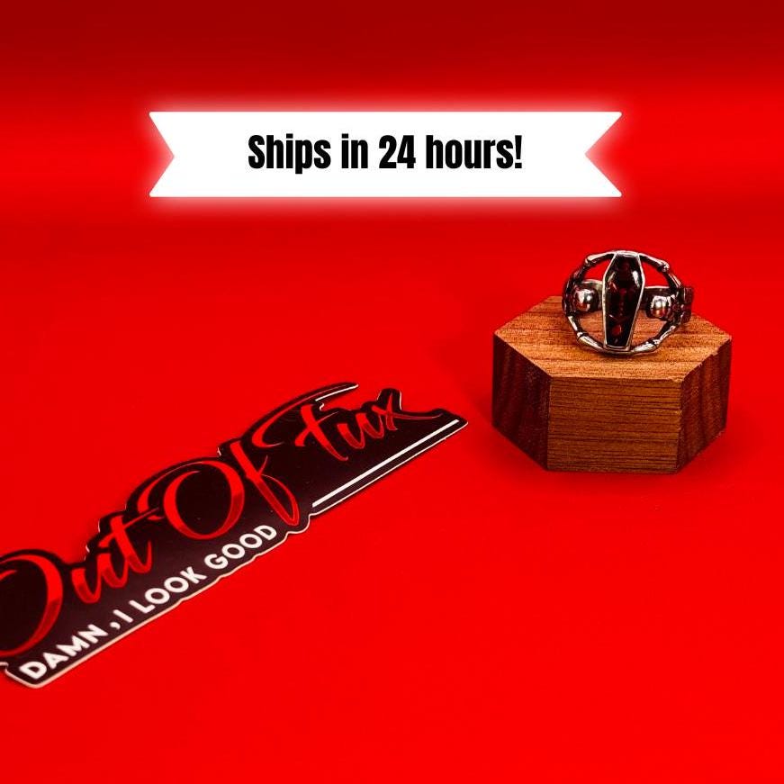 Bold Coffin Skeleton Stainless Steel Ring with Red Stone - Perfect for Bikers and Motorcycle Enthusiasts