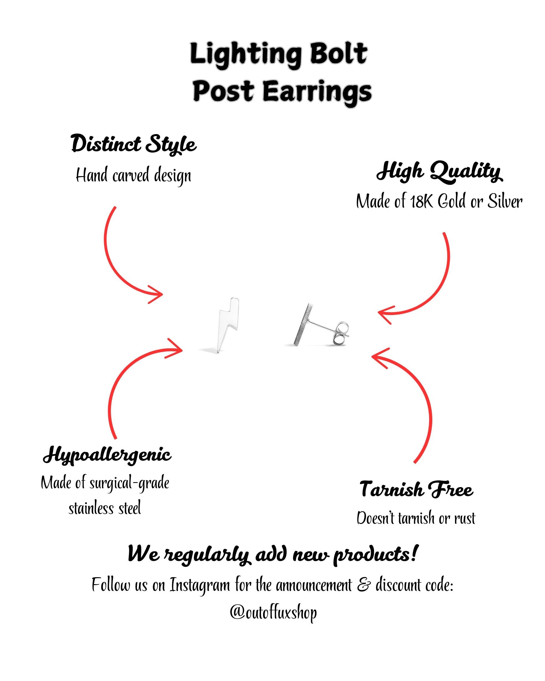 Lightning Bolt 18K Stud Post Earrings - Pretty Stud Earrings for Her - Dainty and Small - High Quality