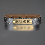 Handmade Leather Cuff for Her Black Leather Red Bracelet Genuine Leather Brass Stamped F*ck for Women Dainty Demure Rebellious