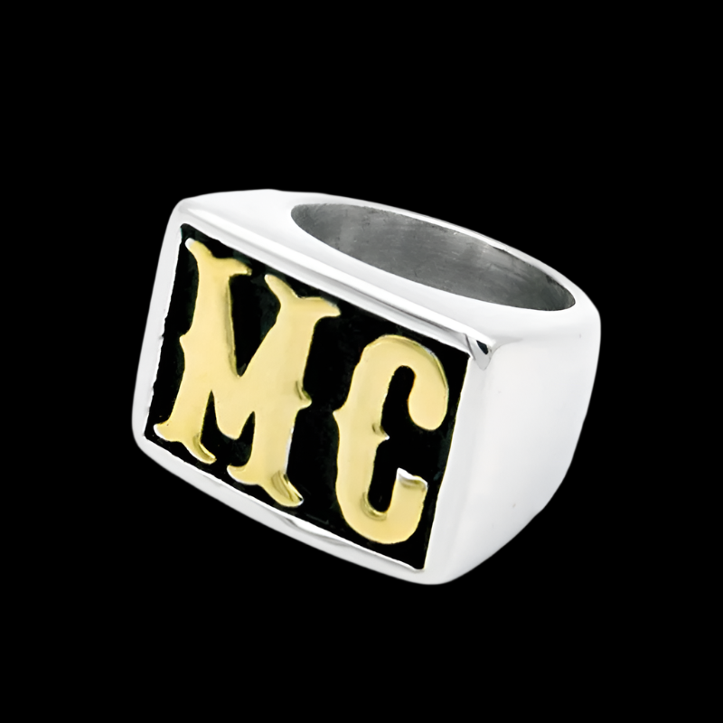 Men's Silver Gold Motorcycle Ring with HD MC Details in Gold Silver Dark Silver