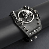 Edgy Black Leather Bracelet with Stainless Steel Skull and Crossbones Stud