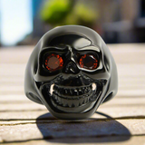 Men's Black Skull Ring with Red Cubic Zirconia Eyes - Bold Biker Ring - Perfect Gift for Him