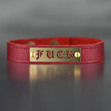 Handmade Leather Cuff for Her Black Leather Red Bracelet Genuine Leather Brass Stamped F*ck for Women Dainty Demure Rebellious