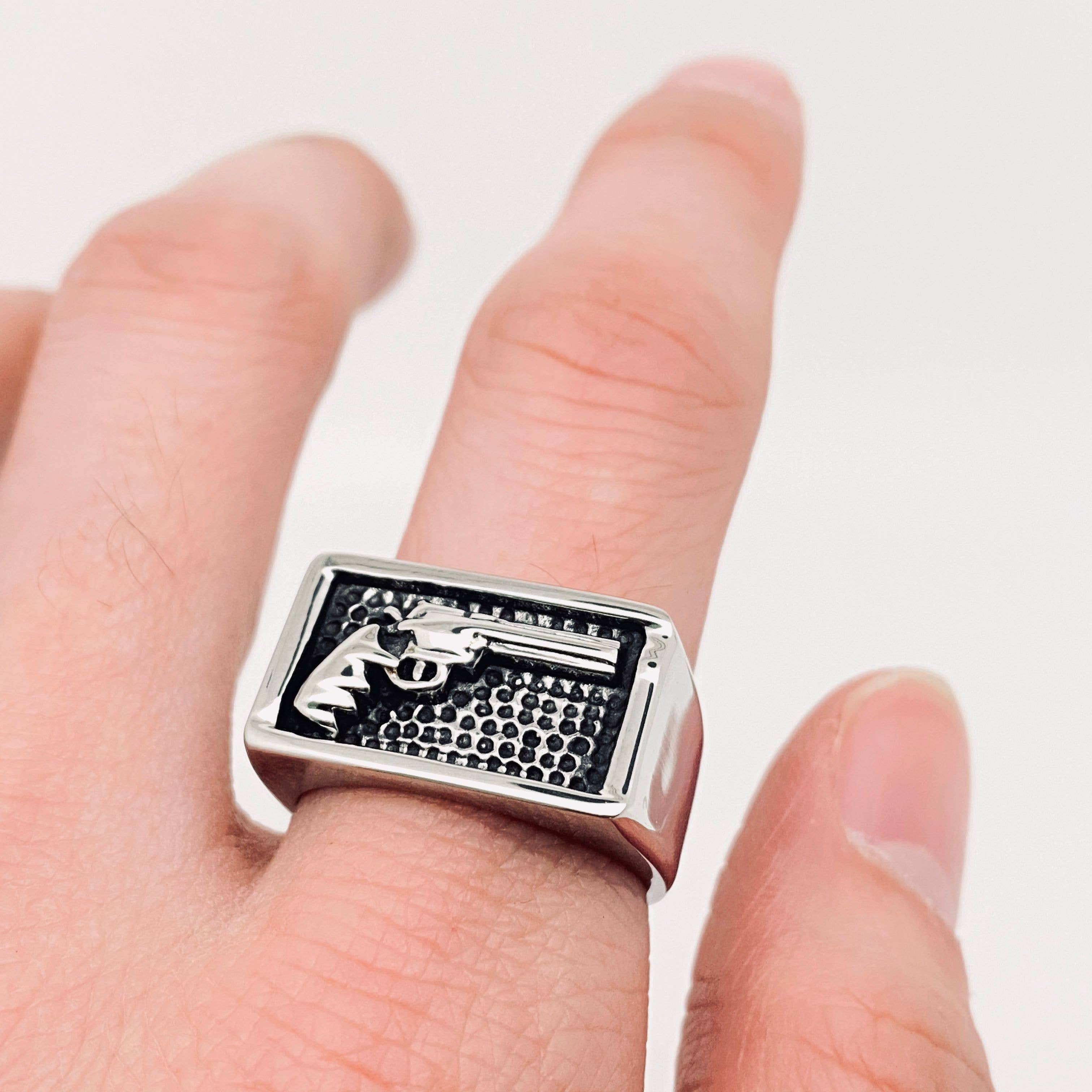 Bold Pistol Revolver Design Stainless Steel Motorcycle Ring Unisex Ring - High Quality Stainless Steel Ring