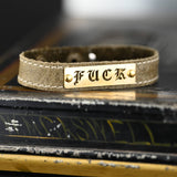 Handmade Leather Cuff for Her Black Leather Red Bracelet Genuine Leather Brass Stamped F*ck for Women Dainty Demure Rebellious