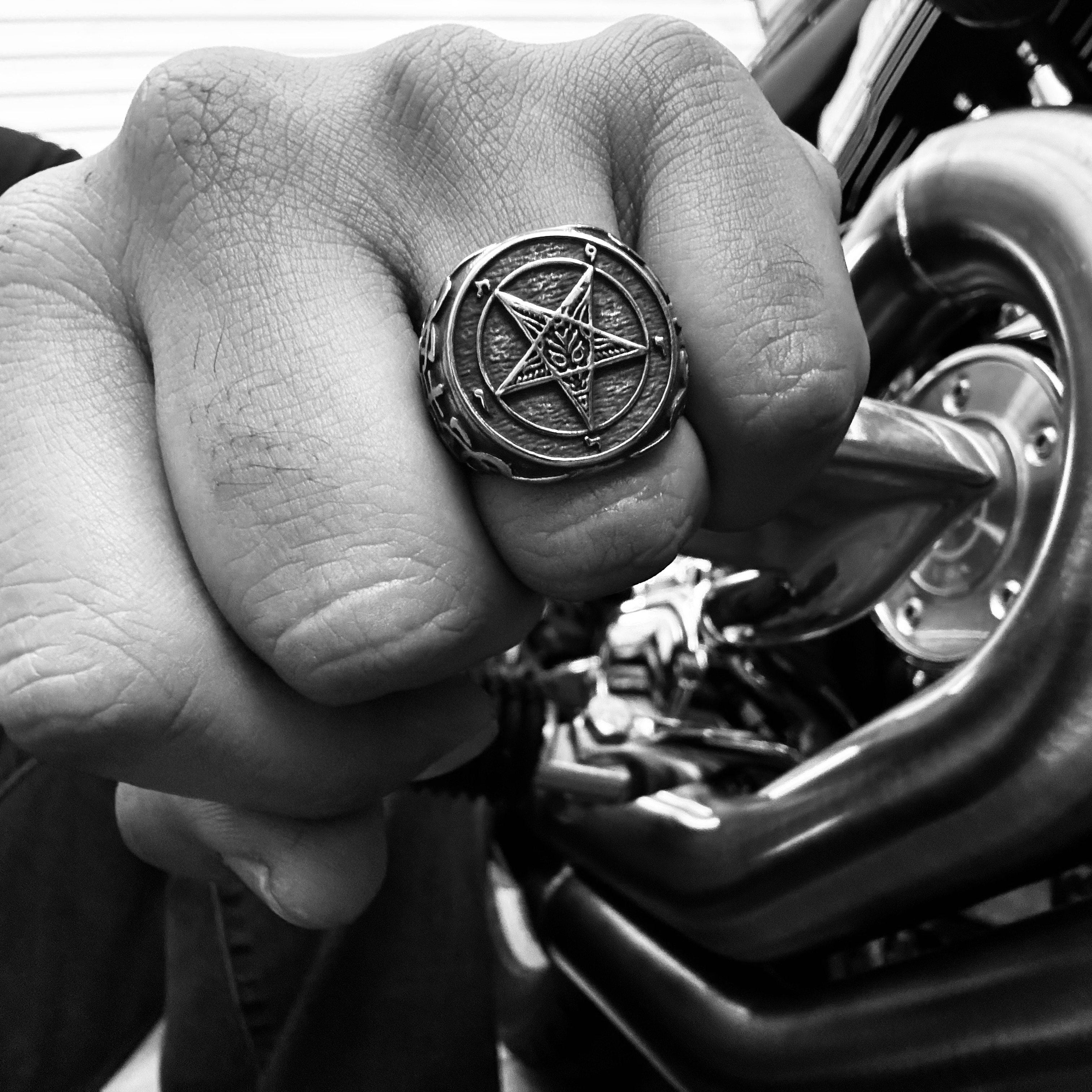 mens ring witchy ring chunky heavy ring for men with pentagram dark evil biker ring devil ring mens biker ring silver stainless steel hypoallergenic and surgical grade high quality