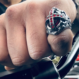 Gothic Red Stone Cross Stainless Steel Ring with Red Cubic Zirconia Stones - Biker Mens Motorcycle Ring