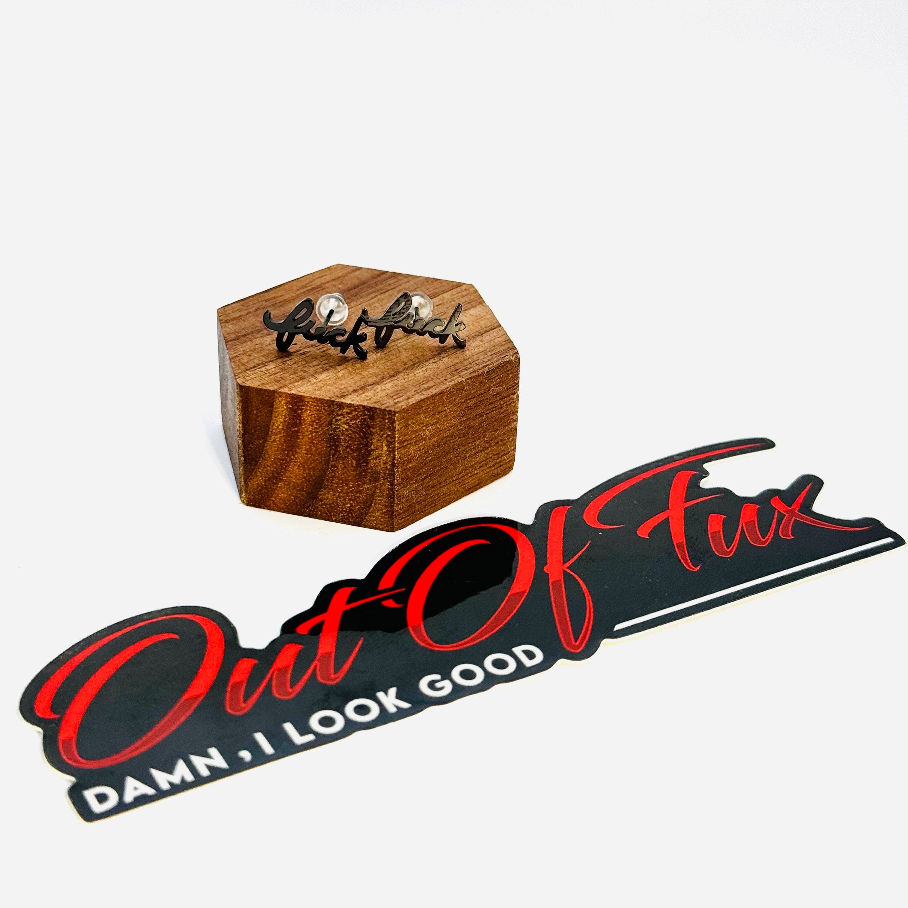dainty small stud earring fuck cursive stainless steel in metallic black