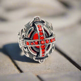 Gothic Red Stone Cross Stainless Steel Ring with Red Cubic Zirconia Stones - Biker Mens Motorcycle Ring