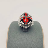 Gothic Red Stone Cross Stainless Steel Ring with Red Cubic Zirconia Stones - Biker Mens Motorcycle Ring