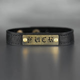 Handmade Leather Cuff for Her Black Leather Red Bracelet Genuine Leather Brass Stamped F*ck for Women Dainty Demure Rebellious