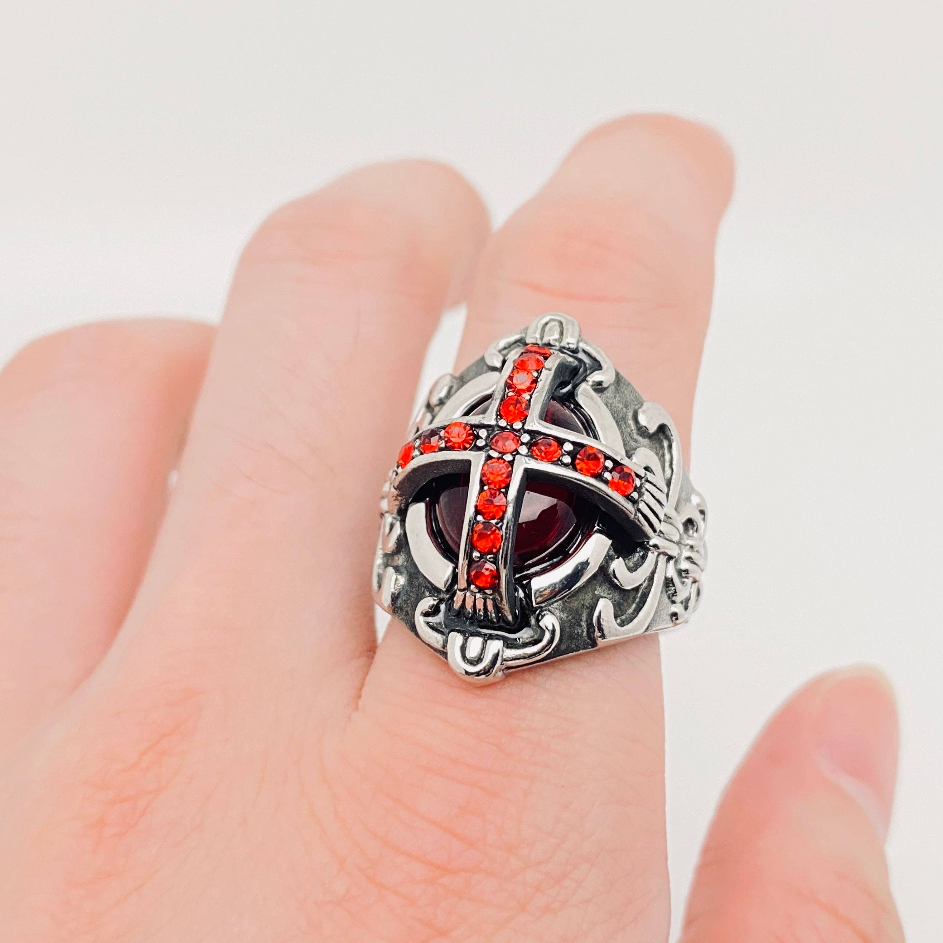 Gothic Red Stone Cross Stainless Steel Ring with Red Cubic Zirconia Stones - Biker Mens Motorcycle Ring