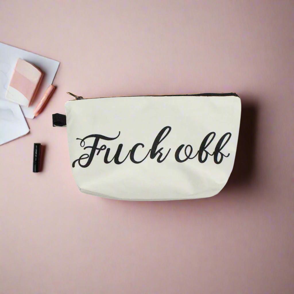 Bold Make Up Cosmetic Bag - Fuck Off Cursive - Black and White - Rebel Style - High Quality and Durable - Free Fast Shipping!