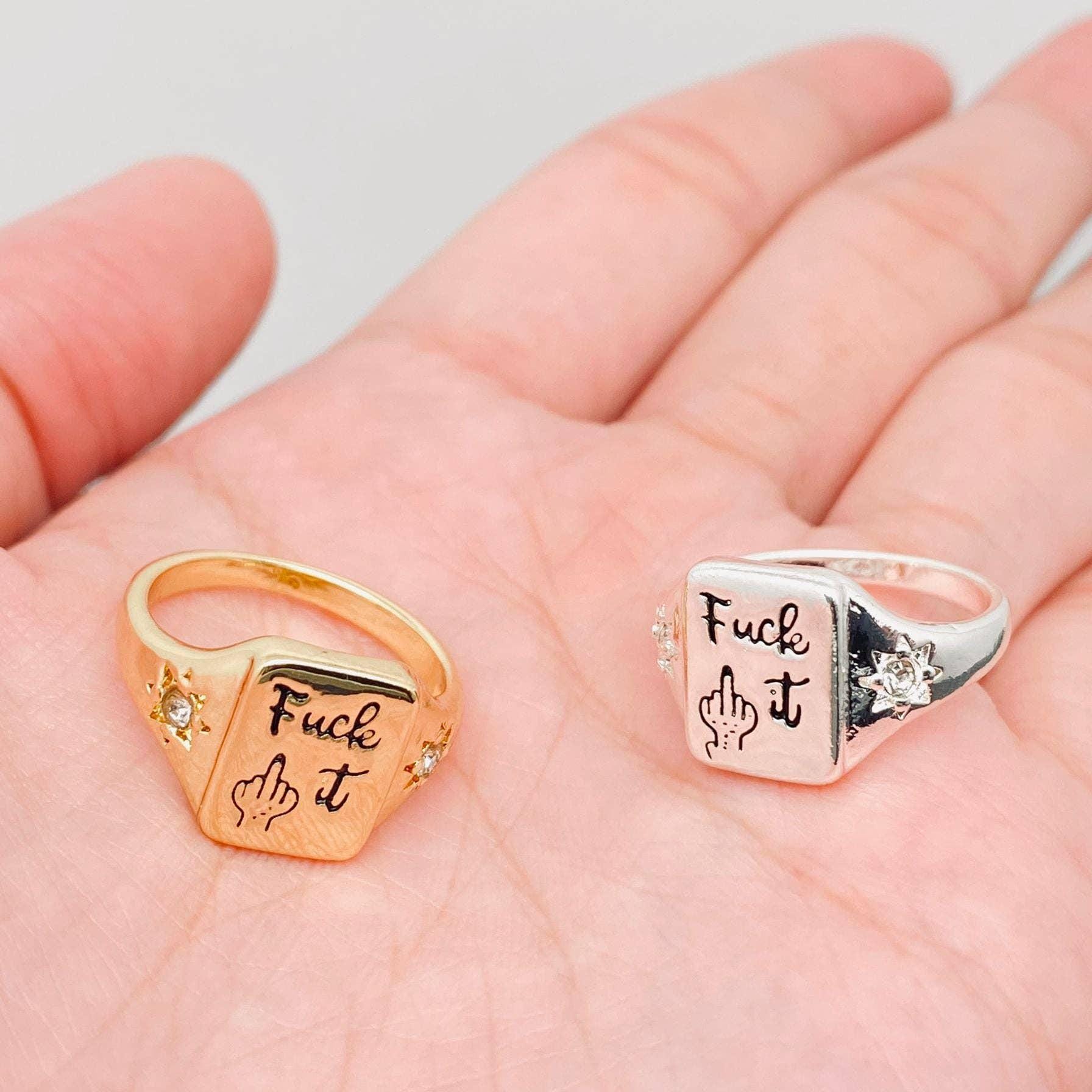 fuck it cursive ring for men women unisex small cubic zirconia middle finger ring band swear words cuss words subtle slightly inappropriate fuck it cursive ring band star CZ ring jewelry for her fashion jewelry rings for women womens rings womens bands fashion ring jewelry ring costume jewelry cheap jewelry slut rings slut jewelry bad mama jewelry rings gifts for her bachelorette gift gag gift funny gift white elephant unique edgy inappropriate biker woman motorcycle female rider rebellious