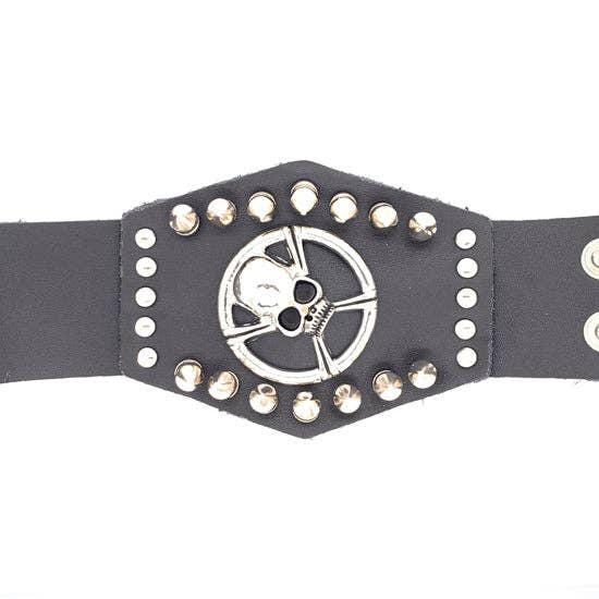 Edgy Black Leather Bracelet Cuff with Stainless Steel Skull and Crossbones Studs Biker Jewelry - Gifts for Him Goth Punk Style Motorcycle Club Style Mens Gifts Dad Gifts Brother Husband Alternative Skull Jewelry Biker Harley Davidson alternative lifestyle gothic dark metal heavy metal metallica johnny depp style vintage handmade leather think leather cuff mens bracelet mens fashion jewelry mens gifts white elephant dad brother boyfriend husband father grandpa divorced dad