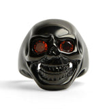 unisex black skull ring red gem eyes bold biker ring perfect gift for him or her durable high quality black plated fast free shipping stainless steel red cz eyed black skull ring top notch stainless steel enduring fiery red cubic zirconia eyes posh dark finish daring edgy vibe polished sterling silver silky smooth comfy to wear unique biker jewelry alternative fashion statement gothic punk rocker ring mens womens