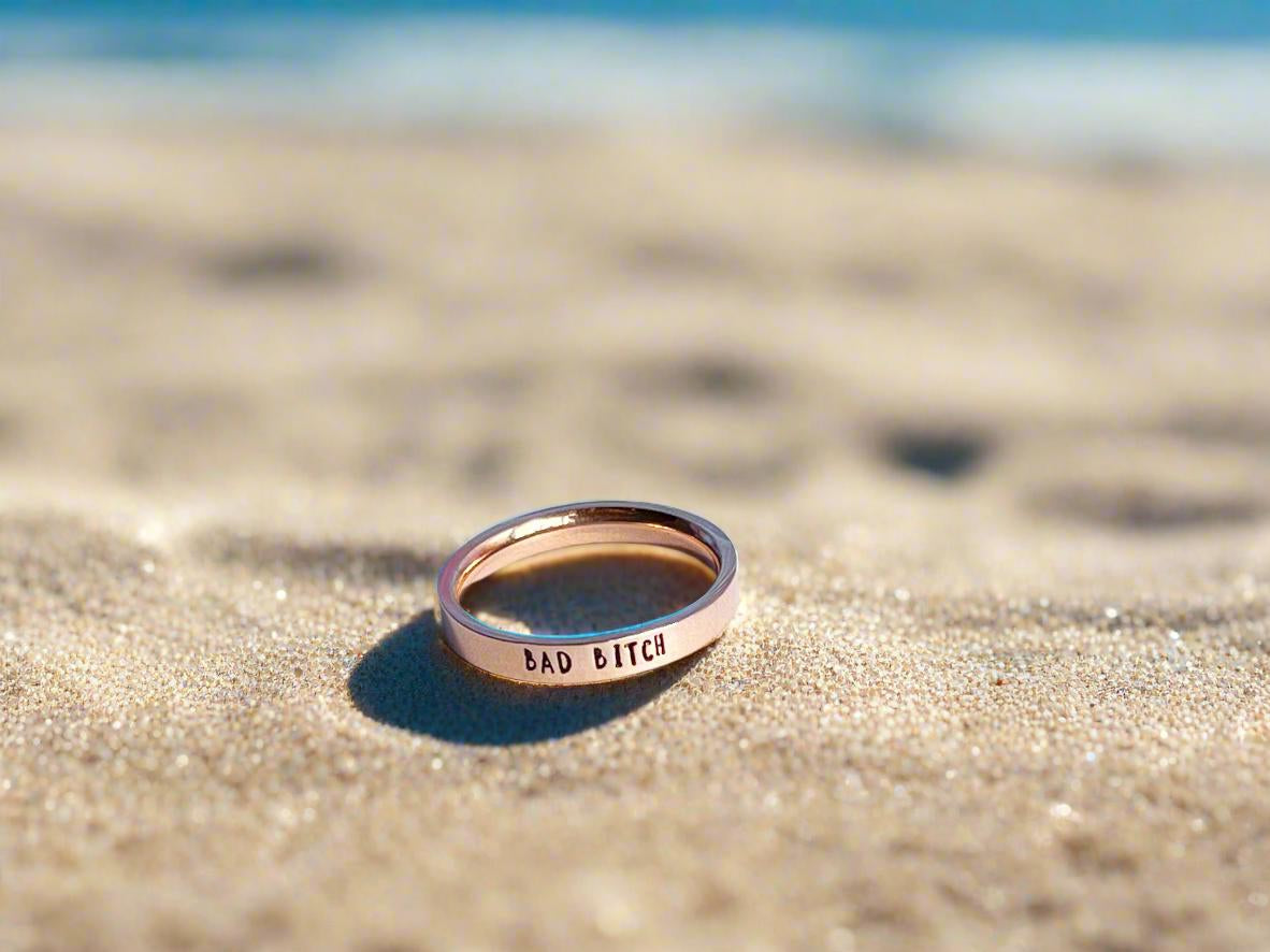 bad bitch hand stamped ring rose gold finish dainty ring hidden swear words subtle slightly inappropriate slut jewelry funny cuss words profanity feminist biker motorcycle lifestyle gothic punk rocker