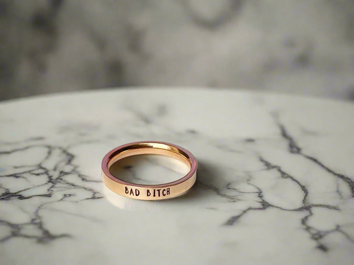 bad bitch hand stamped ring rose gold finish dainty ring hidden swear words subtle slightly inappropriate slut jewelry funny cuss words profanity feminist biker motorcycle lifestyle gothic punk rocker