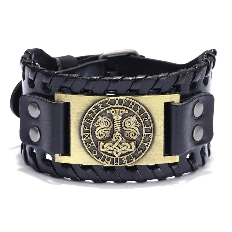 Norse Compass Bracelet Viking Leather Cuff Medieval Warrior Design Premium Black Construction Runic Pattern Detail Pagan Style Accessory Handcrafted Biker Collection Bronze Metal Accent Ancient Symbol Work Adjustable Size Quality Gift