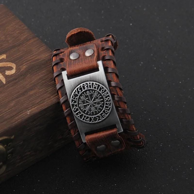 Black Leather Viking Cuff Norse Warrior Bracelet Medieval Design Premium Construction Runic Compass Pattern Pagan Style Accessory Handcrafted Leather Work Bronze Metal Detail Ancient Symbol Collection Adjustable Size Quality Biker Gift For
