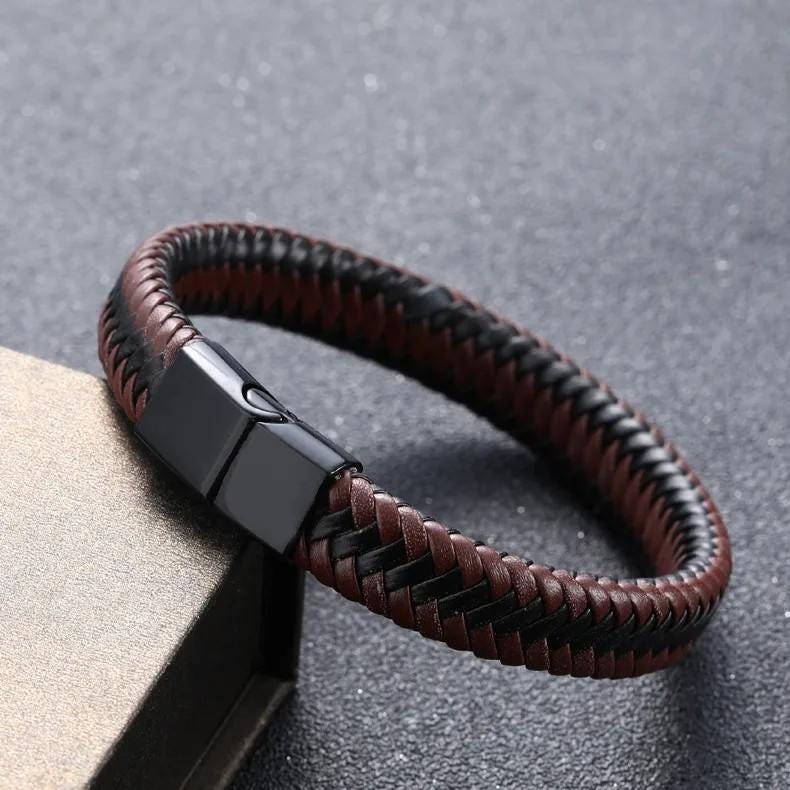Biker Leather Bracelet Mens Motorcycle Fashion Accessory Black Braided Design Magnetic Clasp Closure Premium Style Statement Perfect Dad Birthday Gift Masculine Fashion Piece Faux Leather Construction Durable Daily Wear Essential Cool