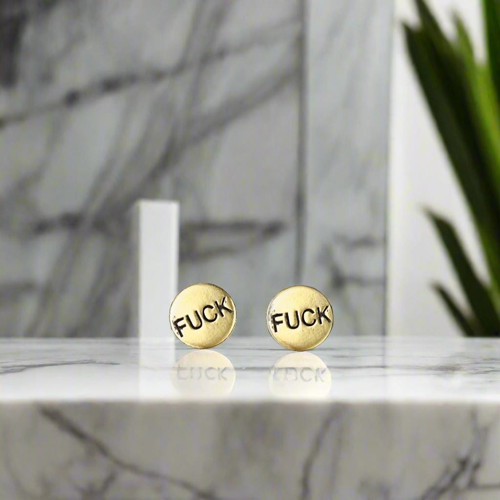 brass fuck earring stud for women for men unisex earring cute stud earrings high quality brass bachelorette gift feminine slut jewelry fashion jewelry for her earrings sexy minimalist simple stud hypoallergenic club divorcee mid life crisis gag gift white elephant inappropriate classy sassy discreet unconventional fast shipping free shipping gifts for her sister mom best friend bff awesome earrings profanity cunt unusual liberal