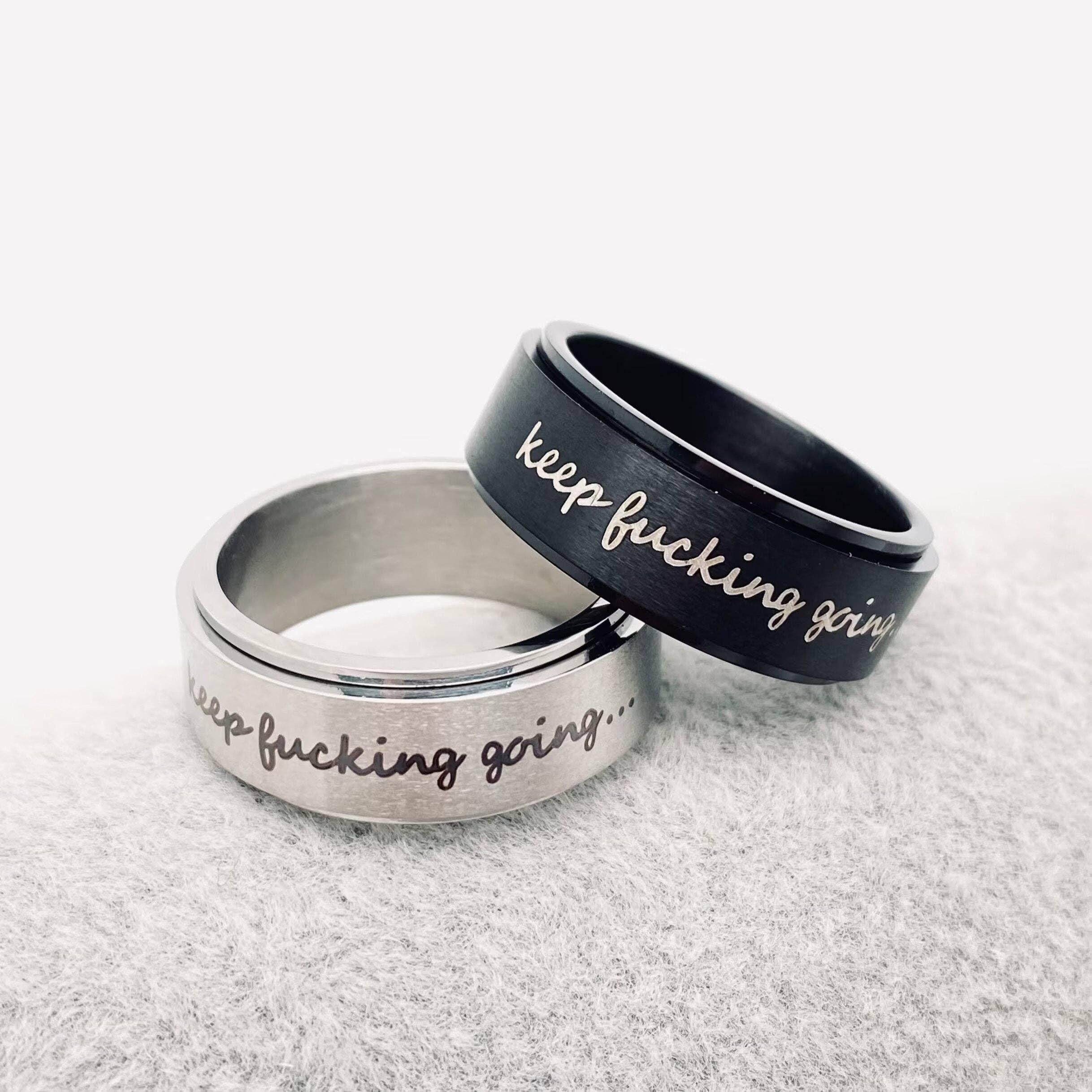black silver rotating keep fucking going ring discreet encouraging ring stainless steel high quality swear words cuss words profanity motivational rings discreet motivation womens fashion ring band woman ring gifts for her cancer survivor divorcee gift strong women gift feminine gifts feminist womens jewelry cursive swear word slut jewelry unconventional spinner ring ADHD ring distraction motivation