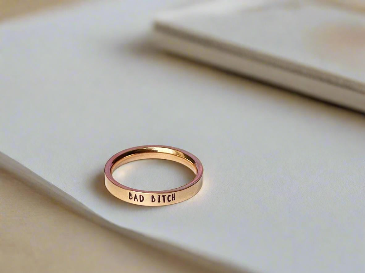 bad bitch hand stamped ring rose gold finish dainty ring hidden swear words subtle slightly inappropriate slut jewelry funny cuss words profanity feminist biker motorcycle lifestyle gothic punk rocker
