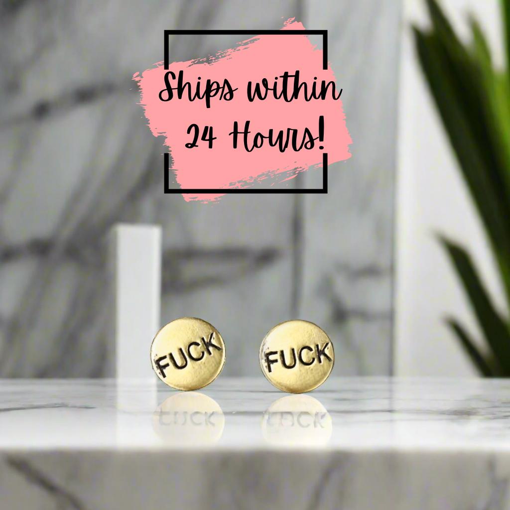 brass fuck earring stud for women for men unisex earring cute stud earrings high quality brass bachelorette gift feminine slut jewelry fashion jewelry for her earrings sexy minimalist simple stud hypoallergenic club divorcee mid life crisis gag gift white elephant inappropriate classy sassy discreet unconventional fast shipping free shipping gifts for her sister mom best friend bff awesome earrings profanity cunt unusual liberal