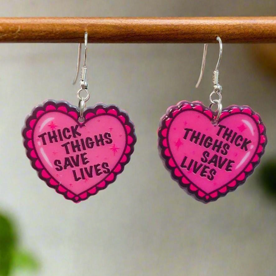 Thick Thighs Save Lives Statement Earrings for Her Pink Hearts Acrylic Drop Earring Handmade Feminine Fish hook Style Earrings Free Shipping