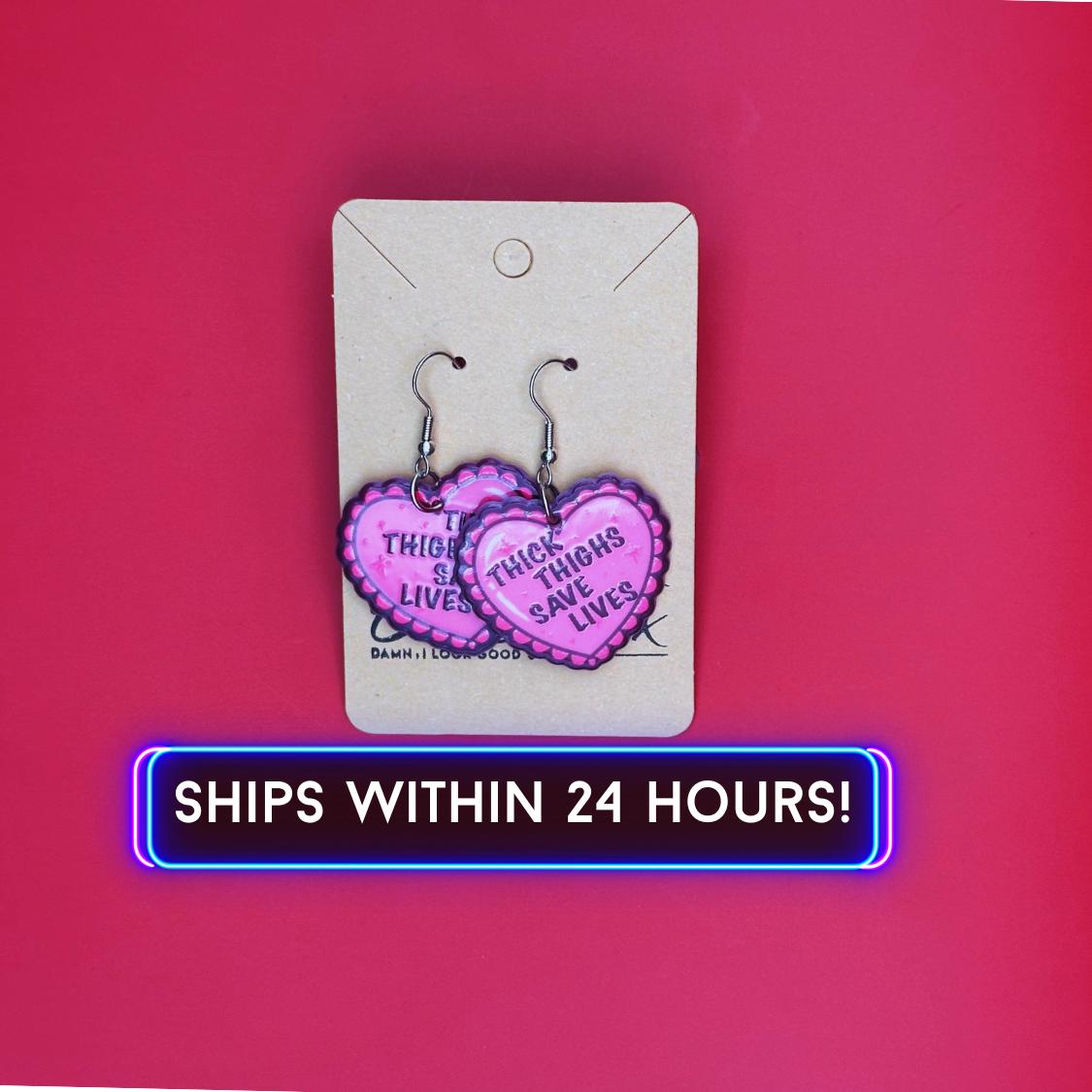 Thick Thighs Save Lives Statement Earrings for Her Pink Hearts Acrylic Drop Earring Handmade Feminine Fish hook Style Earrings Free Shipping
