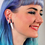 Statement Dangle Earrings Handmade Knife Design Alternative Metal Jewelry Gothic Punk Style Black Silver Finish Surgical Steel Posts Multiple Size Options Edgy Fashion Collection Unique Statement Pieces Dark Aesthetic Accessories Gift