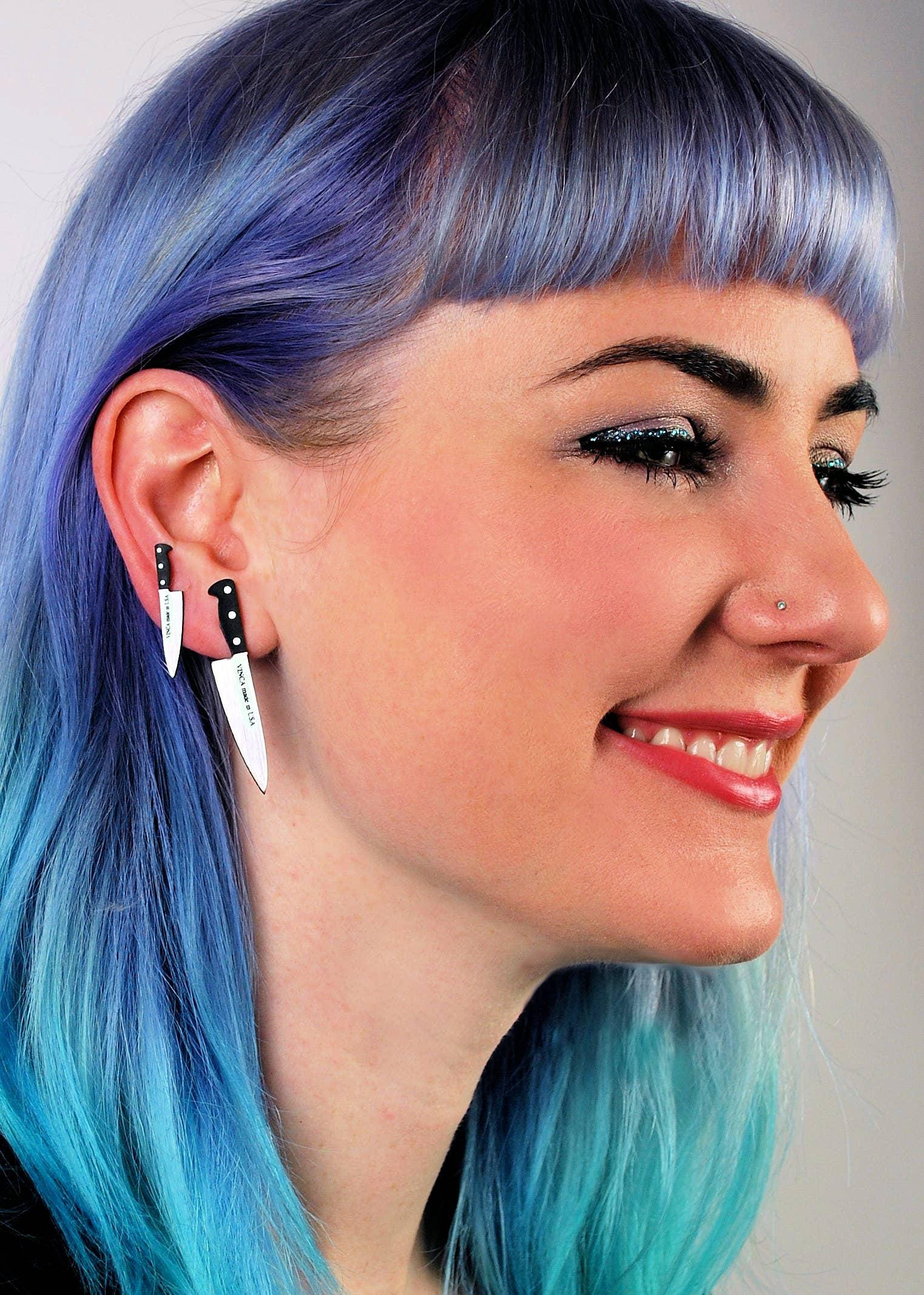 Statement Dangle Earrings Handmade Knife Design Alternative Metal Jewelry Gothic Punk Style Black Silver Finish Surgical Steel Posts Multiple Size Options Edgy Fashion Collection Unique Statement Pieces Dark Aesthetic Accessories Gift