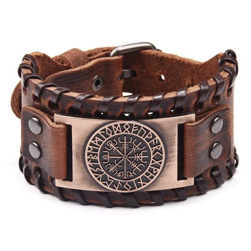 Medieval Biker Cuff Black Leather Viking Design Norse Warrior Bracelet Premium Construction Runic Compass Detail Pagan Jewelry Collection Handcrafted Leather Work Bronze Metal Accent Adjustable Size Ancient Symbol Pattern Gift For Him