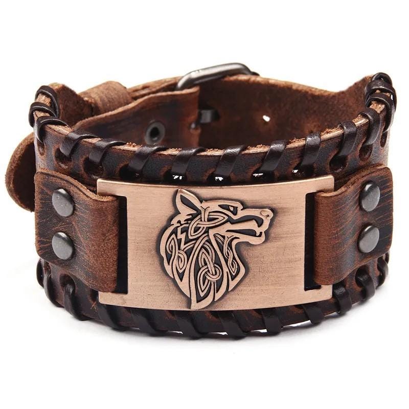 Pagan Warrior Bracelet Viking Leather Cuff Norse Compass Design Medieval Style Accessory Premium Black Leather Construction Runic Pattern Detail Bronze Metal Accent Handcrafted Biker Jewelry Ancient Symbol Work Adjustable Size Gift For Him