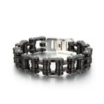 Biker Style Bracelet Black Motorcycle Chain Design Premium Steel Construction Industrial Collection Leather Band Detail Perfect Mechanic Gift Metal Head Accessory Alternative Fashion Statement Daily Wear Essential Father Day Present Quality