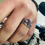 Bold Coffin Skeleton Stainless Steel Ring with Red Stone - Perfect for Bikers and Motorcycle Enthusiasts