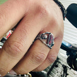 Bold Coffin Skeleton Stainless Steel Ring with Red Stone - Perfect for Bikers and Motorcycle Enthusiasts