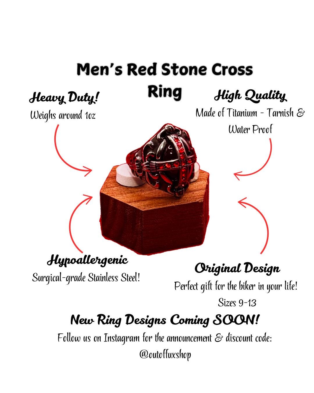 Gothic Red Stone Cross Stainless Steel Ring with Red Cubic Zirconia Stones - Biker Mens Motorcycle Ring