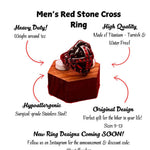 Gothic Red Stone Cross Stainless Steel Ring with Red Cubic Zirconia Stones - Biker Mens Motorcycle Ring