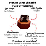 sterling silver skeleton skull hand stud earrings hypoallergenic fuck you flipping off funny sassy profanity high quality free shipping playful unique traditional jewelry intricate detailing edgy skull bones bold touch make a statement individuality hypoallergenic sterling silver high quality handmade punk gothic jewelry rebellious accessories alternative fashion statement earrings bold jewelry unique earrings sterling silver earrings sassy stud earrings bold statement jewelry