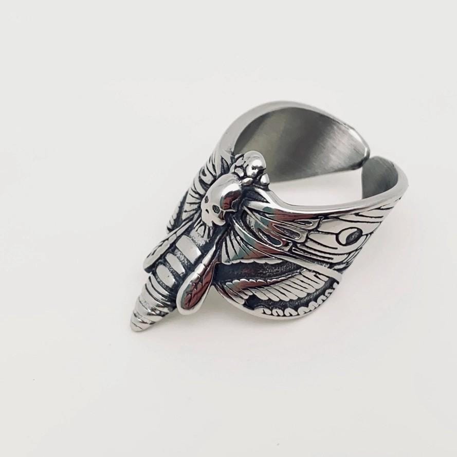 Gothic Skull Ring Mens Biker Collection Premium Stainless Steel Construction Hawk Moth Design Heavy Metal Fashion Motorcycle Accessory Perfect Gift For Him Tarnish Resistant Waterproof Material Warrior Style Details Quality Craftsmanship