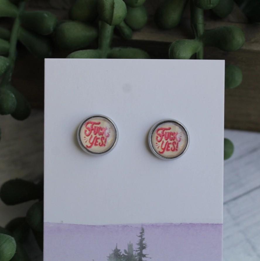 Fuck Yes Pink Stud Earrings for Women - Stainless Steel Backing, Bachelorette Gift, Cool Mom Gift, Fun Unique Jewelry for Her Free Shipping