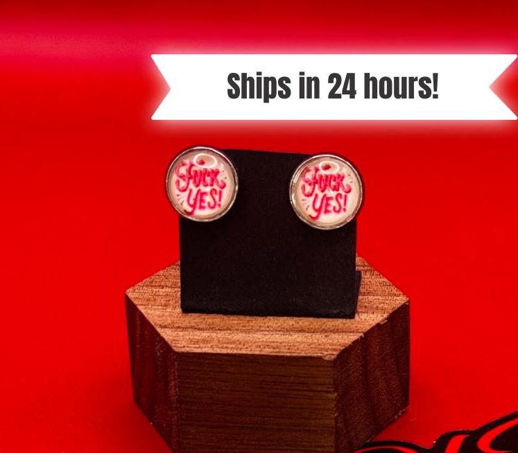 Fuck Yes Pink Stud Earrings for Women - Stainless Steel Backing, Bachelorette Gift, Cool Mom Gift, Fun Unique Jewelry for Her Free Shipping